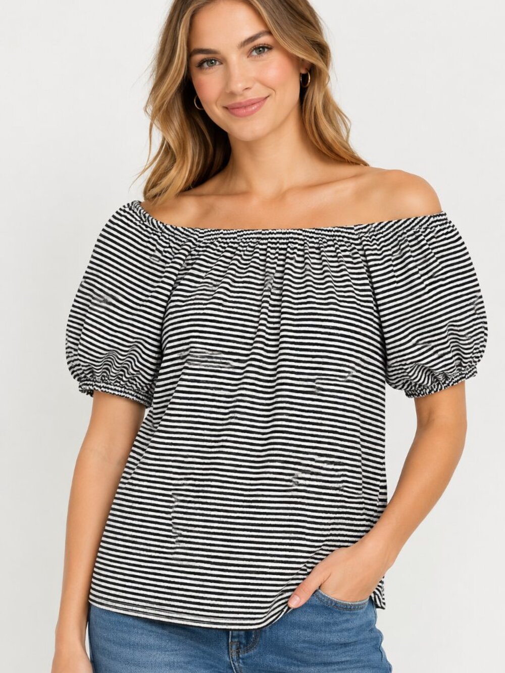Old Navy Black and White Striped Off-Shoulder Puff Sleeve Top - XL - 100% Cotton